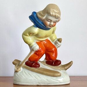 Vintage Figurine Girl Skiing Ceramic Made in Japan